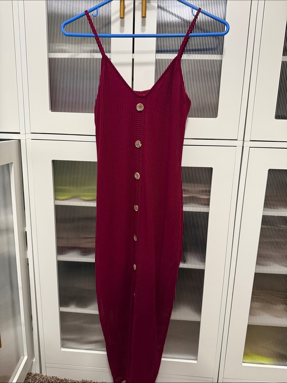 Sleeveless Button-Front Ribbed Maxi Dress in Deep Berry